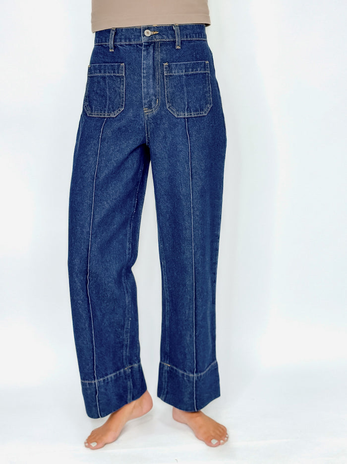 Dark Wash Wide Leg Front Pocket Jeans