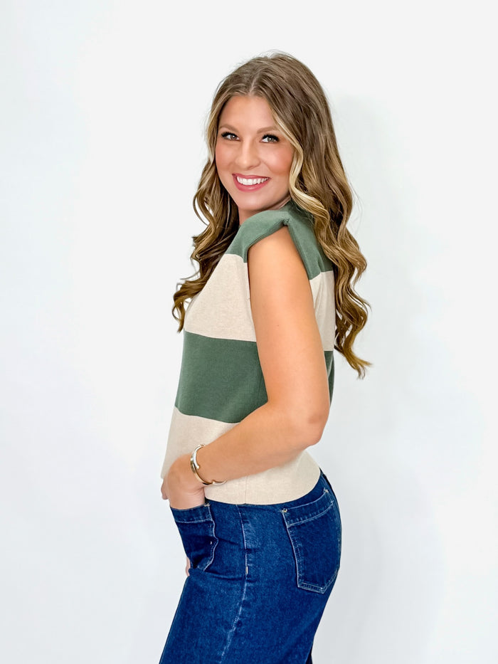 Sage and Oatmeal Striped Knit Shoulder Pad Top
