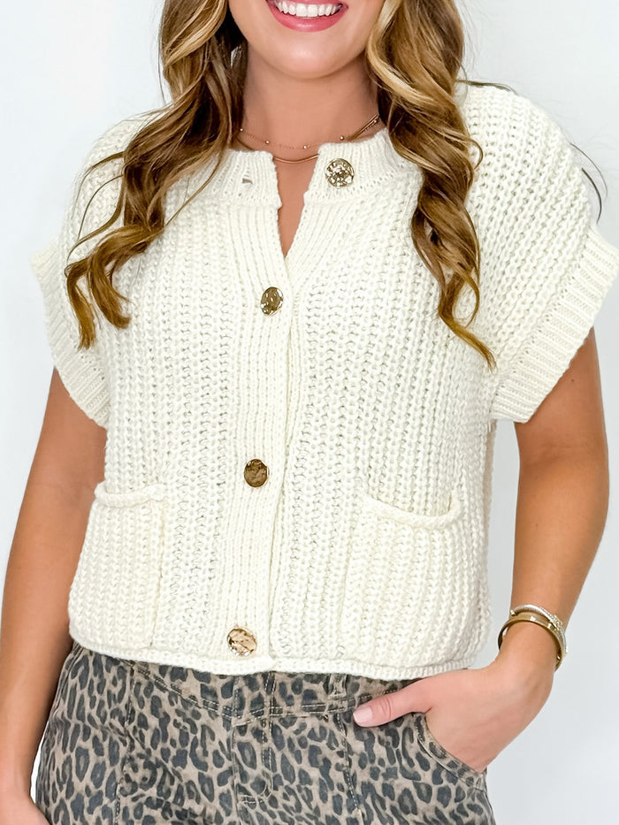 Cream Cropped Cardigan Sweater with Gold Buttons and Front Pockets