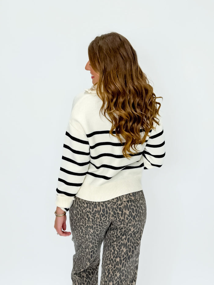 Black and Cream Striped Quarter Zip Sweater