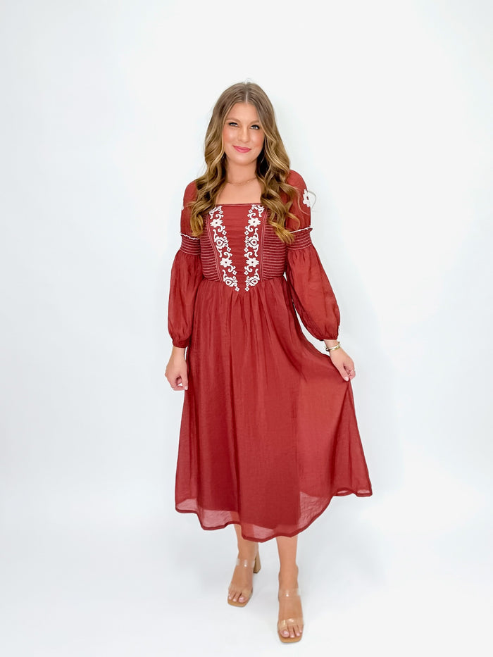 Brick Embroidered Long Sleeve Midi Dress with Corset Back
