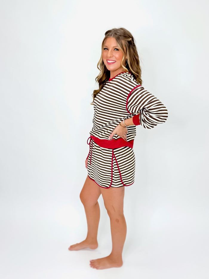 Cocoa Stripe Lounge Set with Red Trim