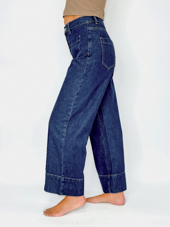 Dark Wash Wide Leg Front Pocket Jeans