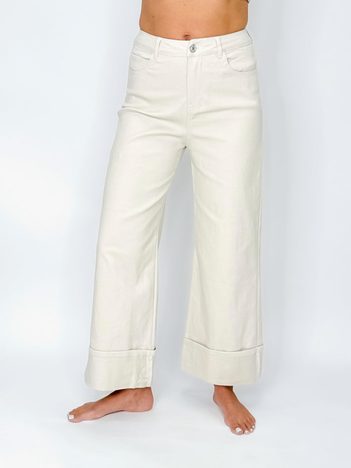 Sand Wide Leg Cuffed Jeans