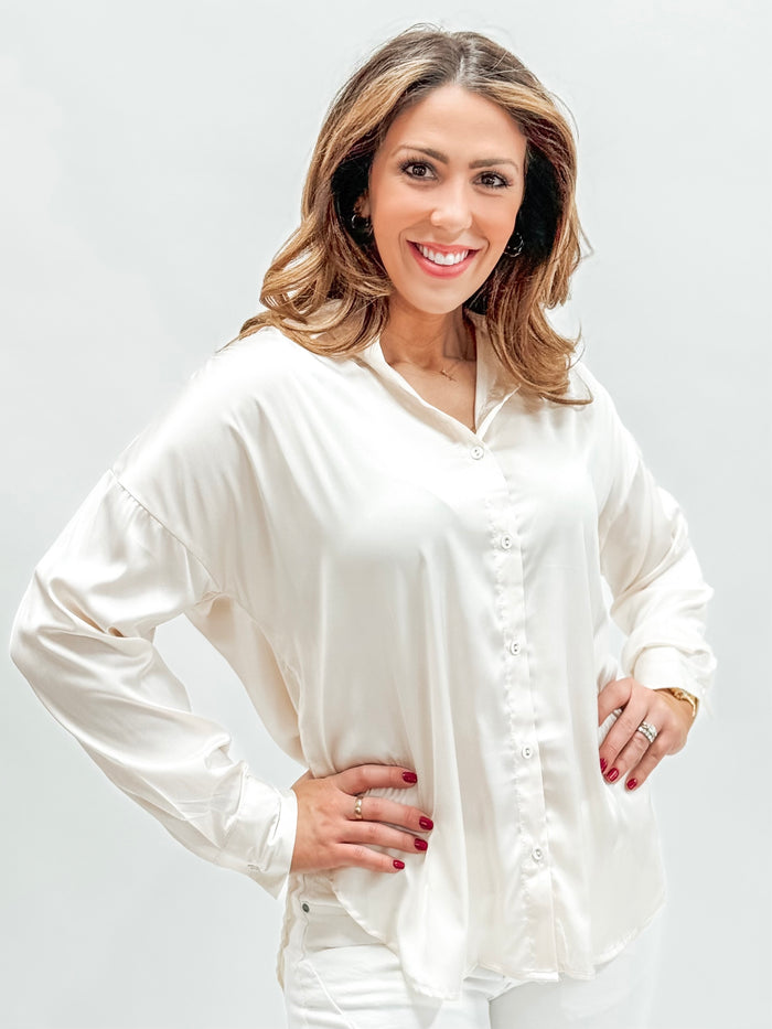 Ivory Satin Button Front Blouse