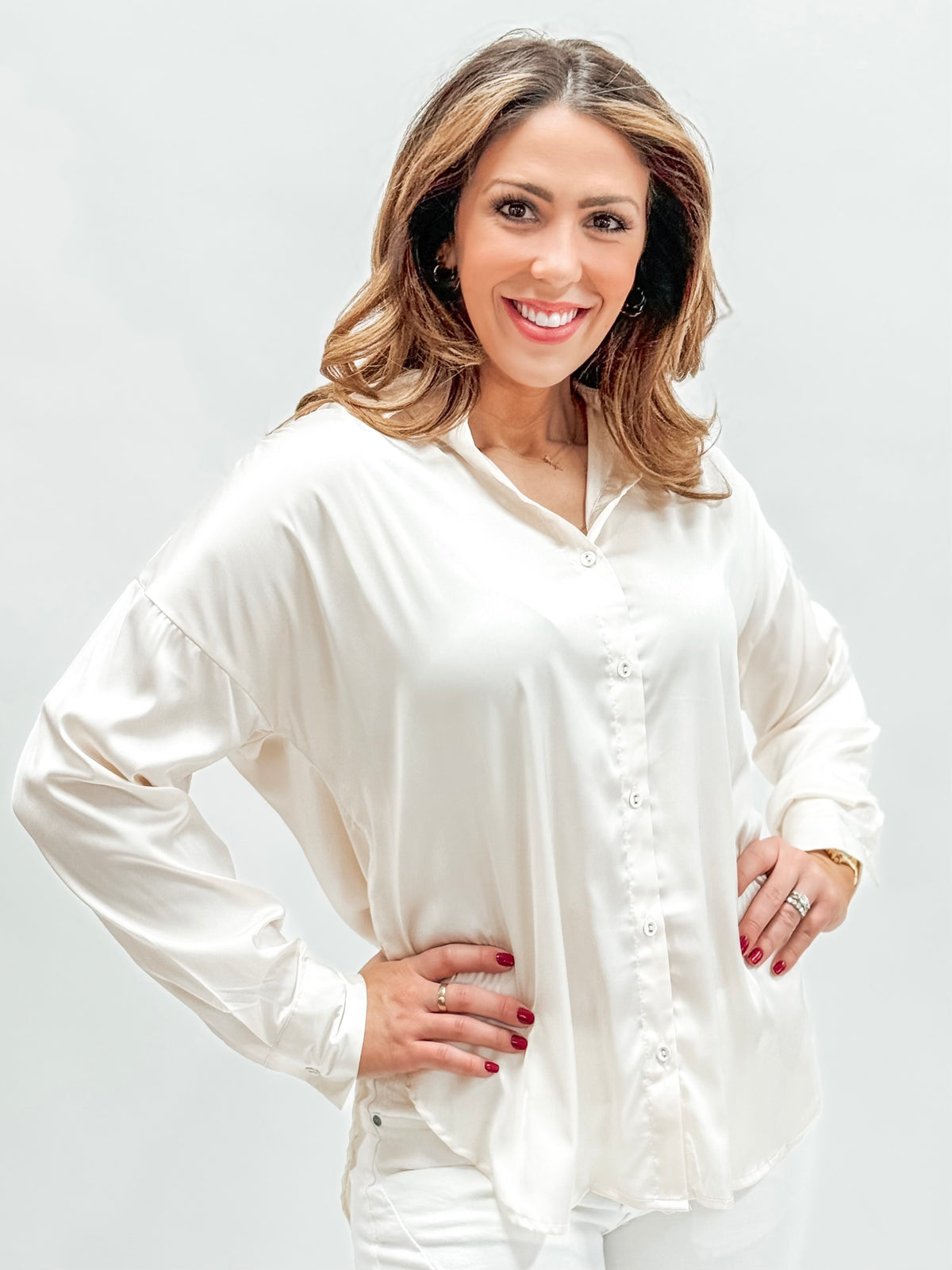 Ivory Satin Button Front Blouse