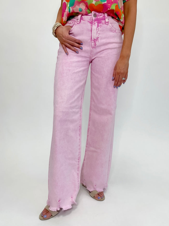 Risen Pink Horizon Acid Wash Wide Leg Jeans