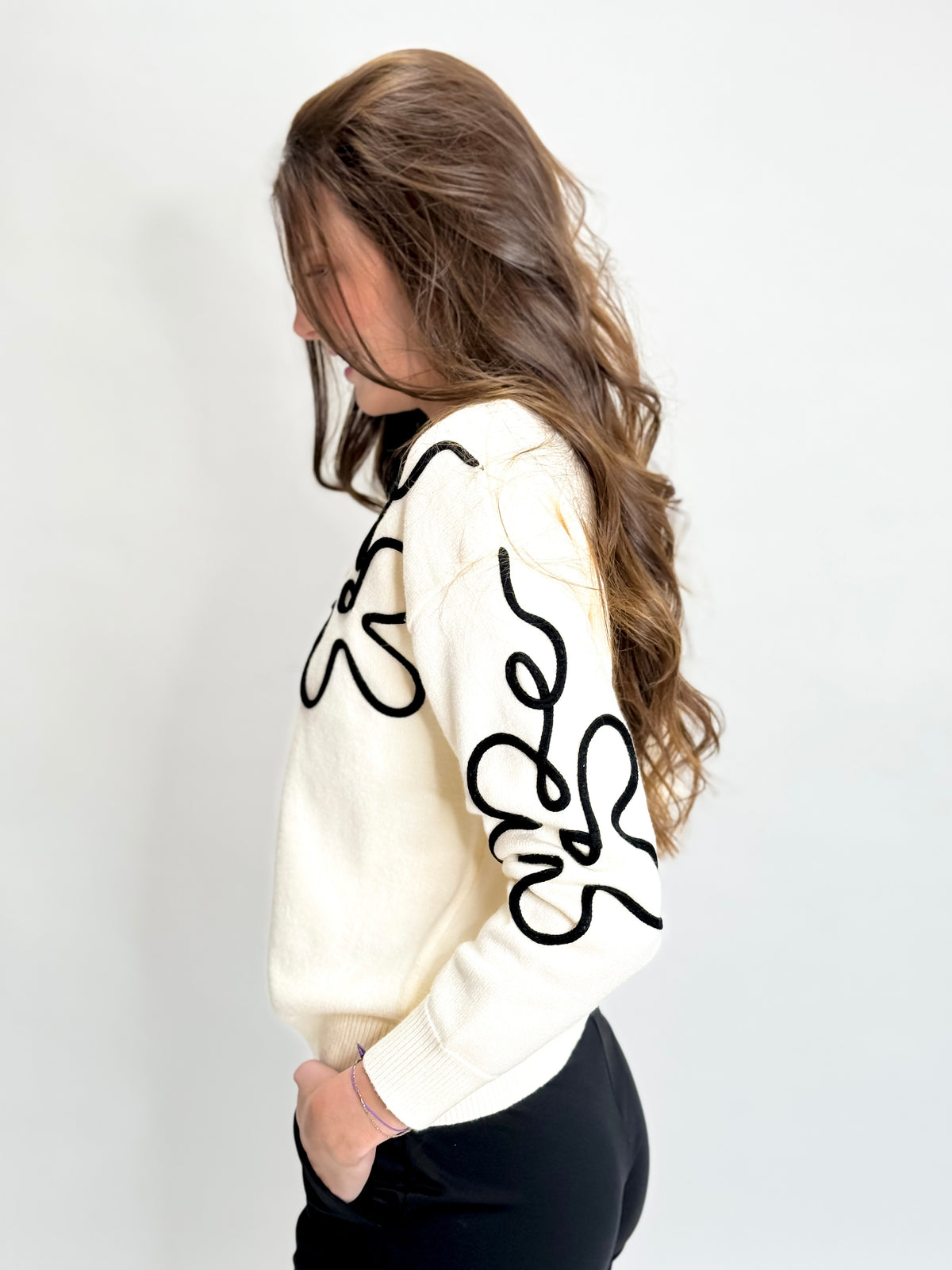 Cream And Black Rope Flower Sweater
