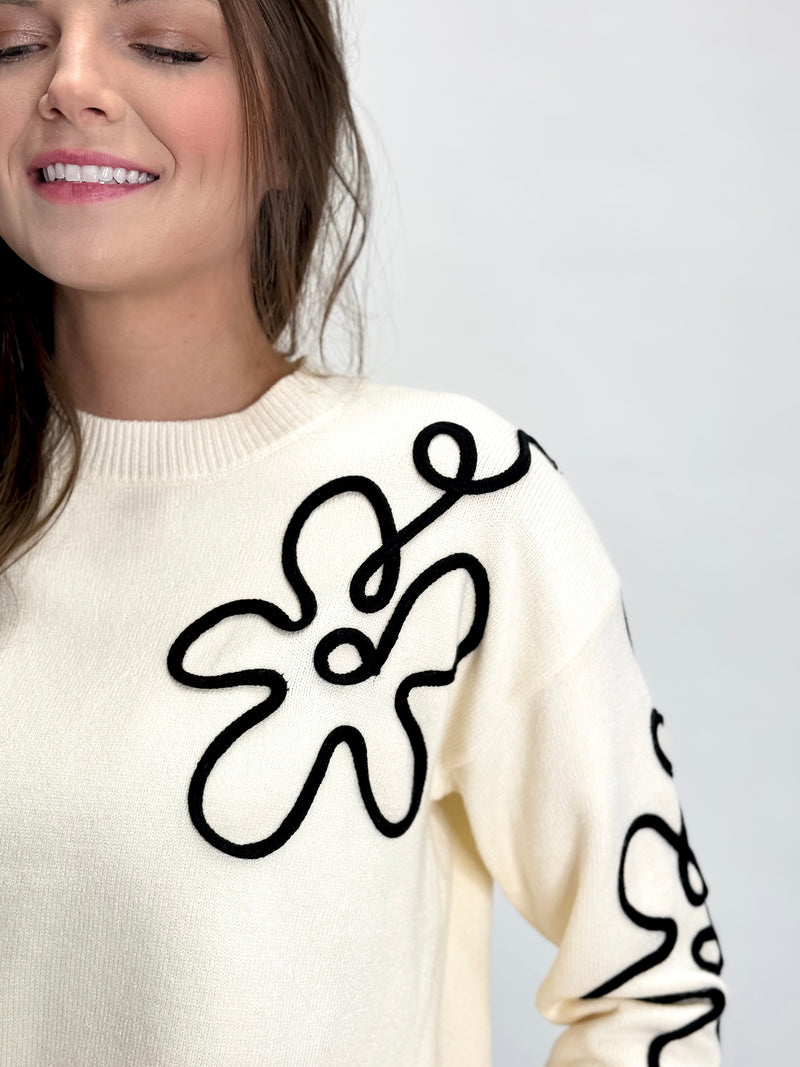 Cream And Black Rope Flower Sweater