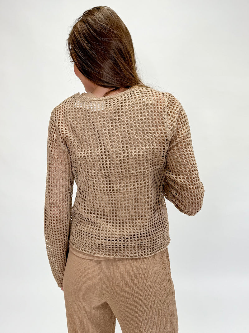 Lust For Luxury Set Tan- Open Knit Crochet Long Sleeve Top