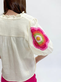 Cream Gauze V-Neck Top With Multi Flower Crochet