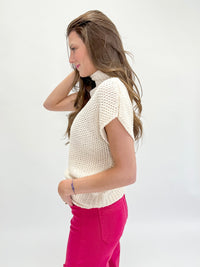 Summer Knit Short Sleeve Turtleneck Sweater - Cream