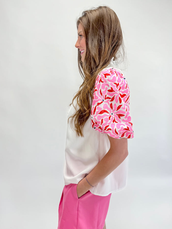 White, Red, And Pink Patterned Sleeve Blouse