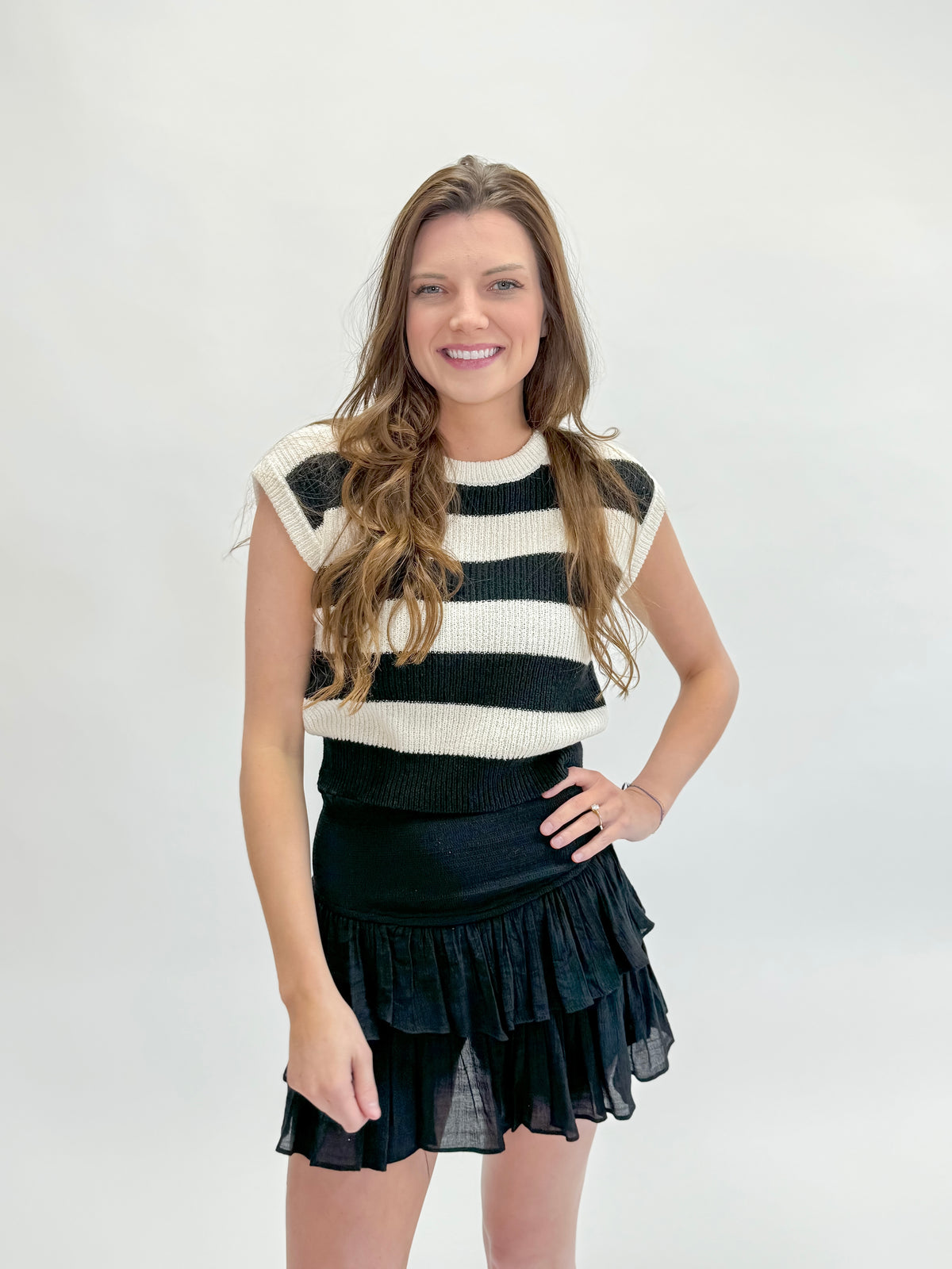 Black and Cream Stripe Sweater Knit Tank