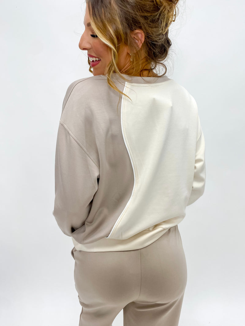 Color Block S Curve Sweatshirt Eggshell and Taupe