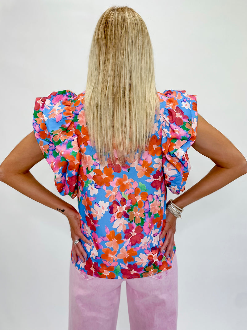 Electric Blossom Ruffle Sleeve Blouse