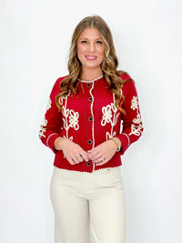 Crimson Floral Embroidered Cardigan Sweater