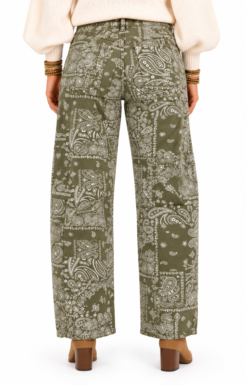Allison Olive Green Paisley Barrel Jeans