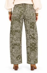 Allison Olive Green Paisley Barrel Jeans