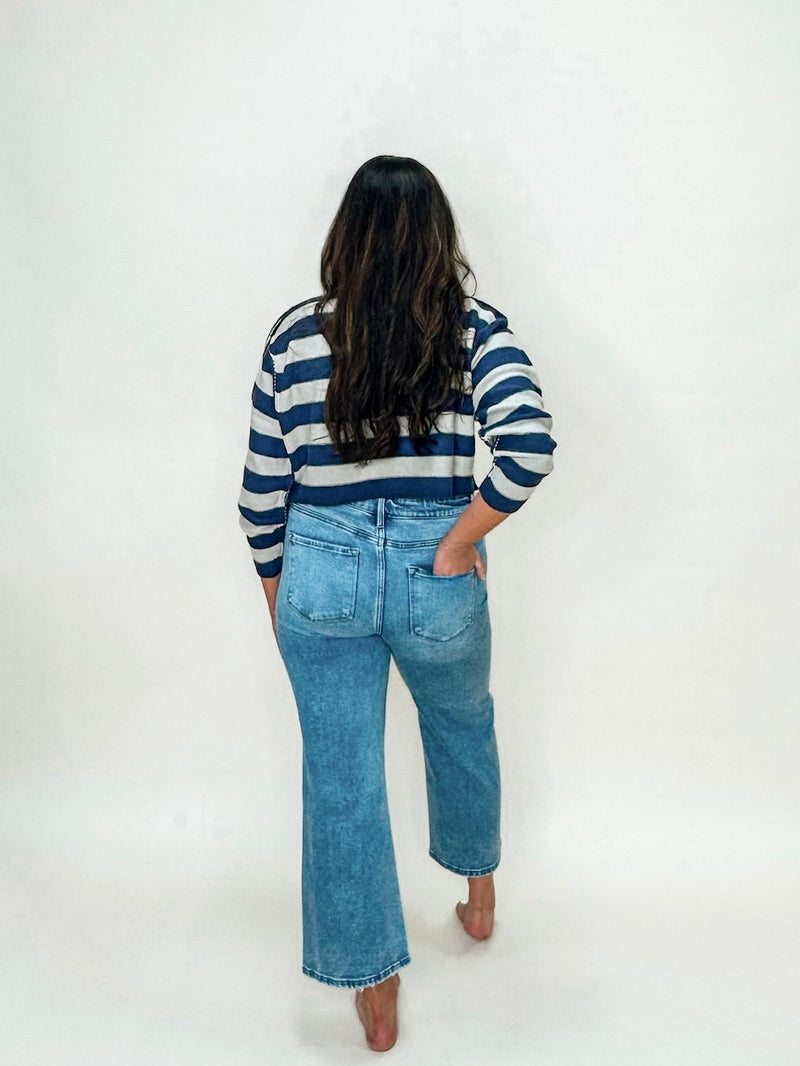 Striped Exposed Seam Cropped Sweater – Denim Blue & Gray
