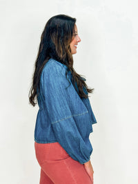 Washed Denim Pleated Front Tie Flare Top