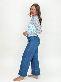 Blue Floral Mesh Long Sleeve Layered Top