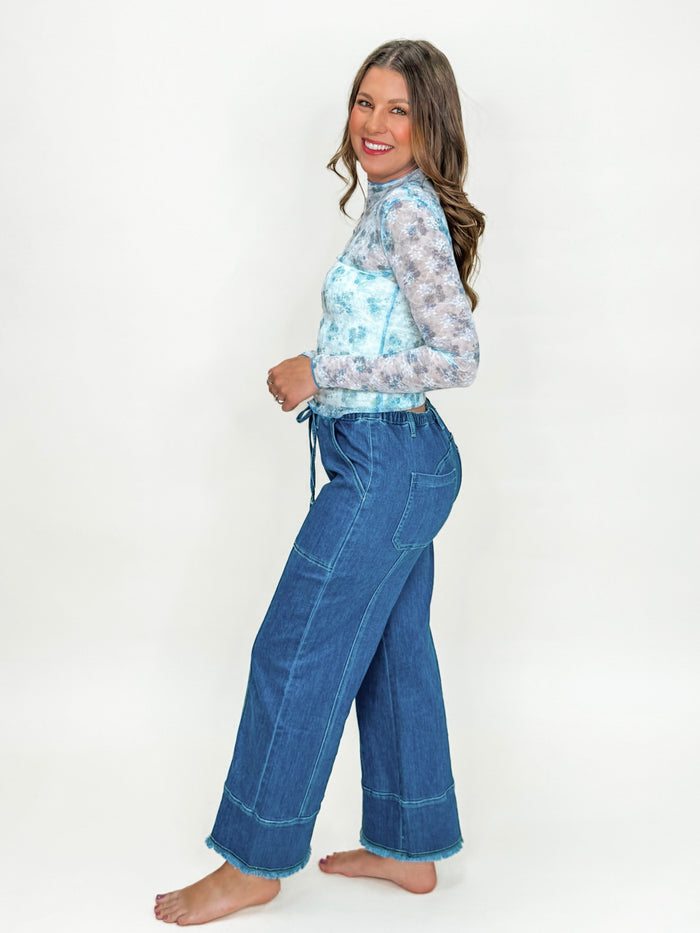 Blue Floral Mesh Long Sleeve Layered Top