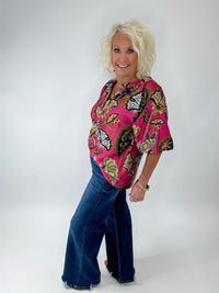 Pink Multi Abstract Split Neck Top