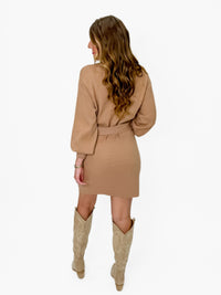 Camel Belted Turtleneck Sweater Dress