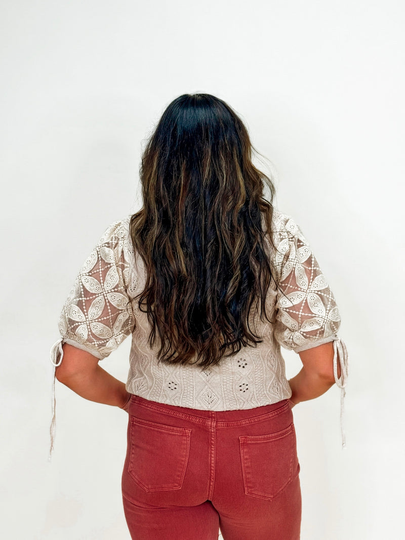 Creamy Latte Eyelet Puff Sleeve Knit Top