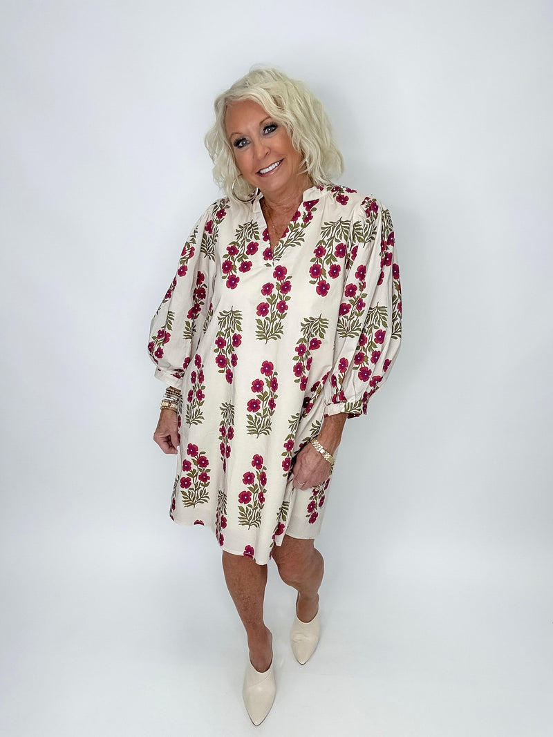 Burgundy & Cream Cotton V-Neck Dress