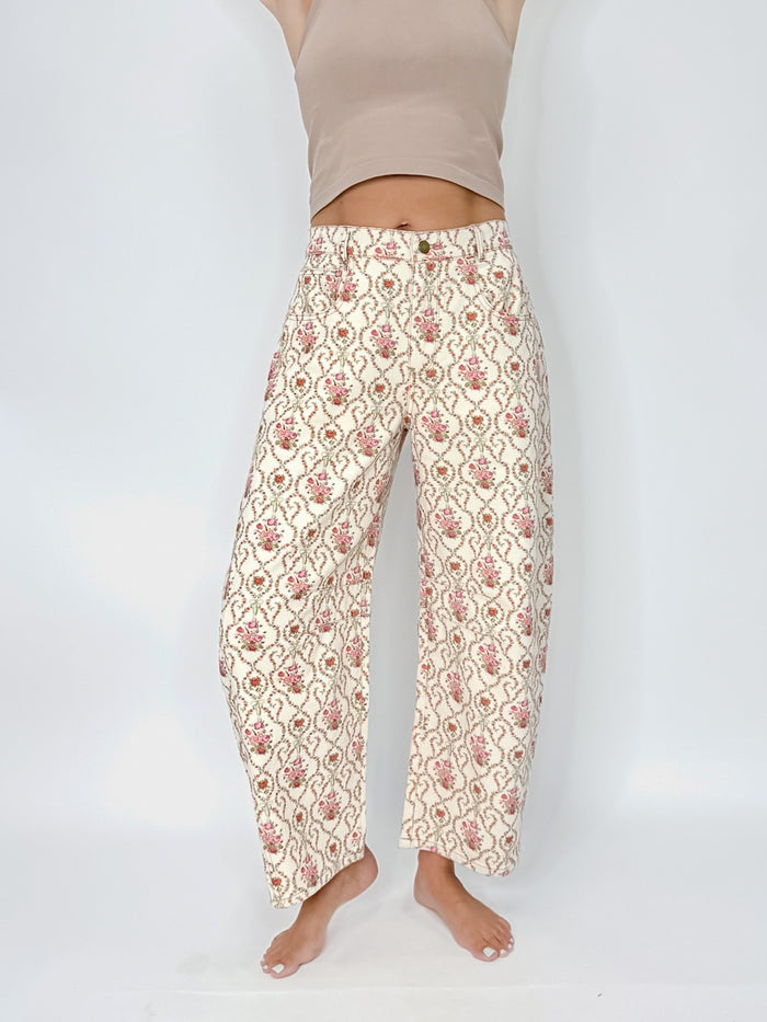 Corded Floral Barrel Jeans in Cream