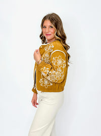 Golden Mustard Embroidered Bomber Jacket