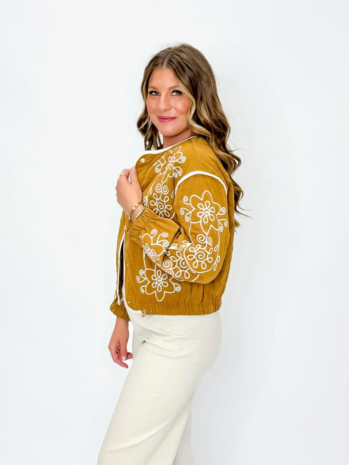 Golden Mustard Embroidered Bomber Jacket