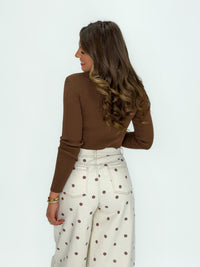 Brown Ribbed Long Sleeve Crop Top