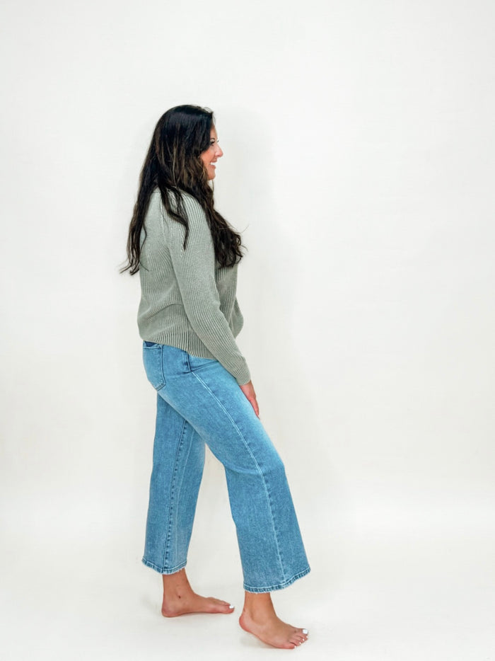 Olive Ribbed Knit Crewneck Sweater