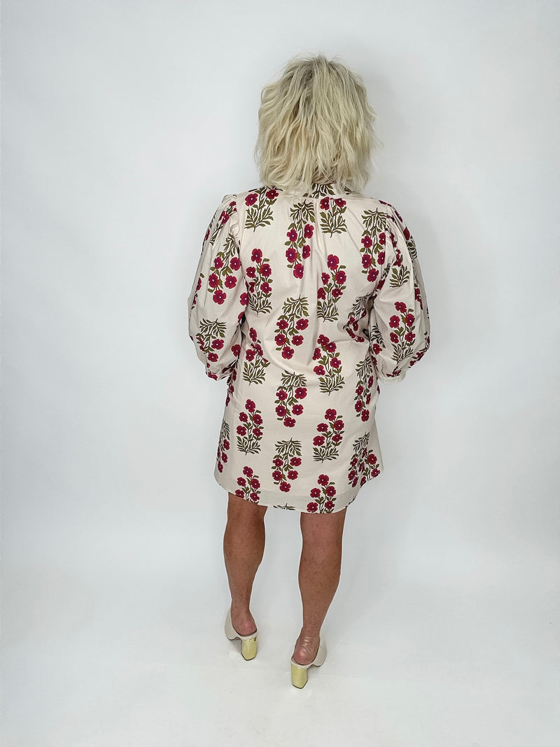 Burgundy & Cream Cotton V-Neck Dress