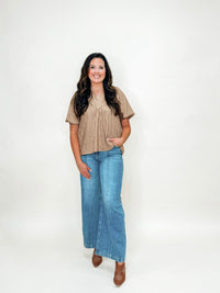 Latte Satin Jacquard Puff Sleeve Top