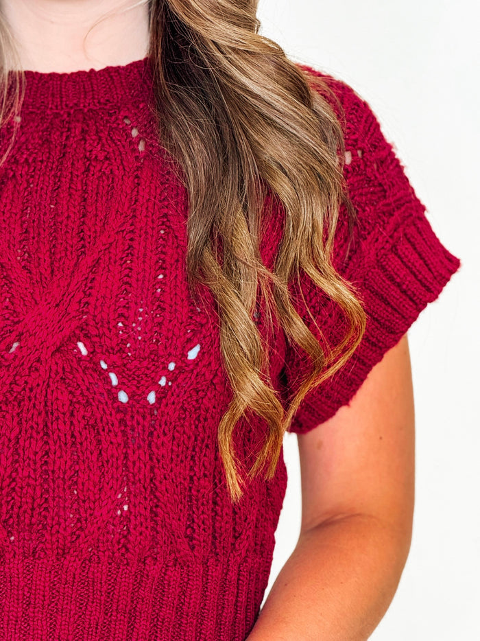 Wine Cable Knit Short Sleeve Sweater