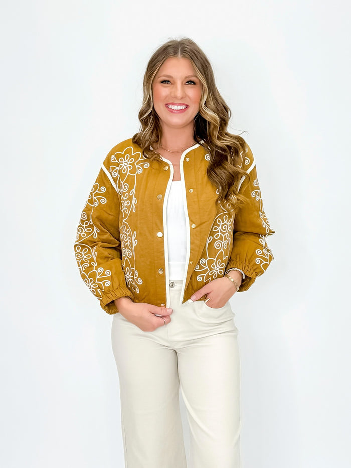Golden Mustard Embroidered Bomber Jacket