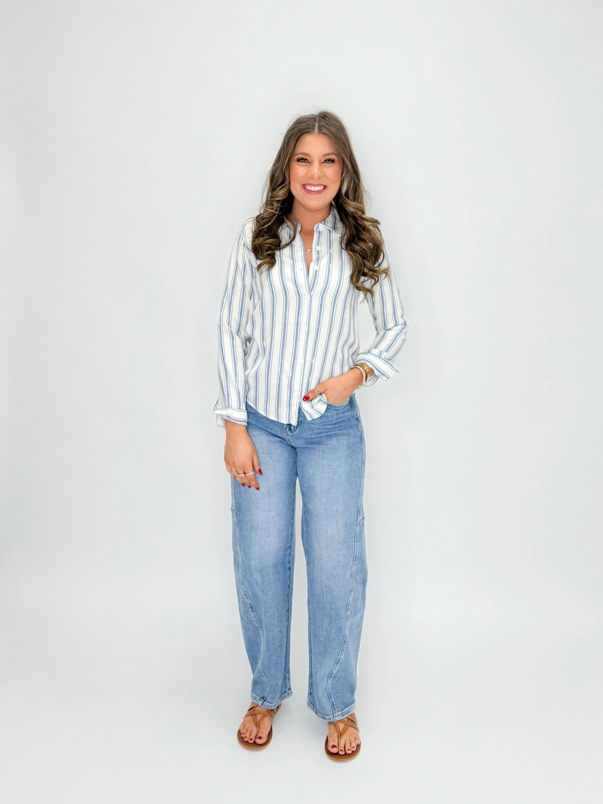 Chambray Stripe Button-Down Blouse