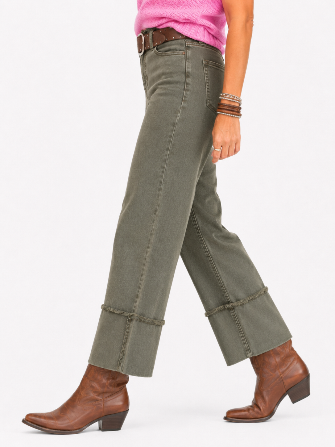 Risen Mid-Rise Burnt Olive Cuff Jeans