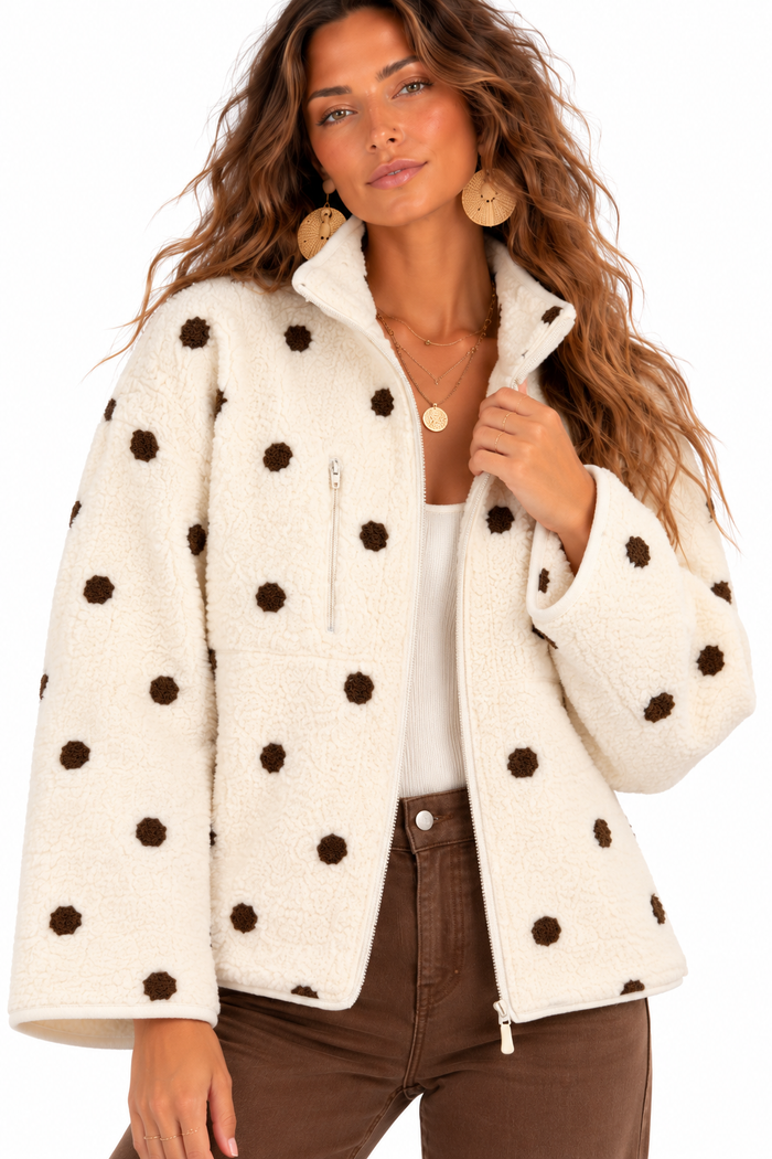 Natalie Polka Dot Sherpa Zip-Up Jacket – Cream