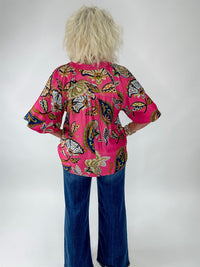 Pink Multi Abstract Split Neck Top