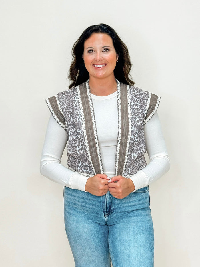 Animal Print Vest with Lace Crochet Trim