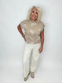 Khaki Lightweight Sweater With White Bows