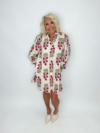 Burgundy & Cream Cotton V-Neck Dress