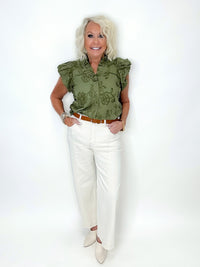 Olive Floral Textured Ruffle Sleeve Button Top