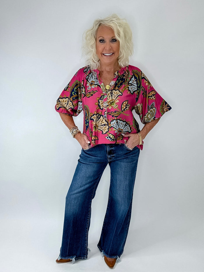 Pink Multi Abstract Split Neck Top