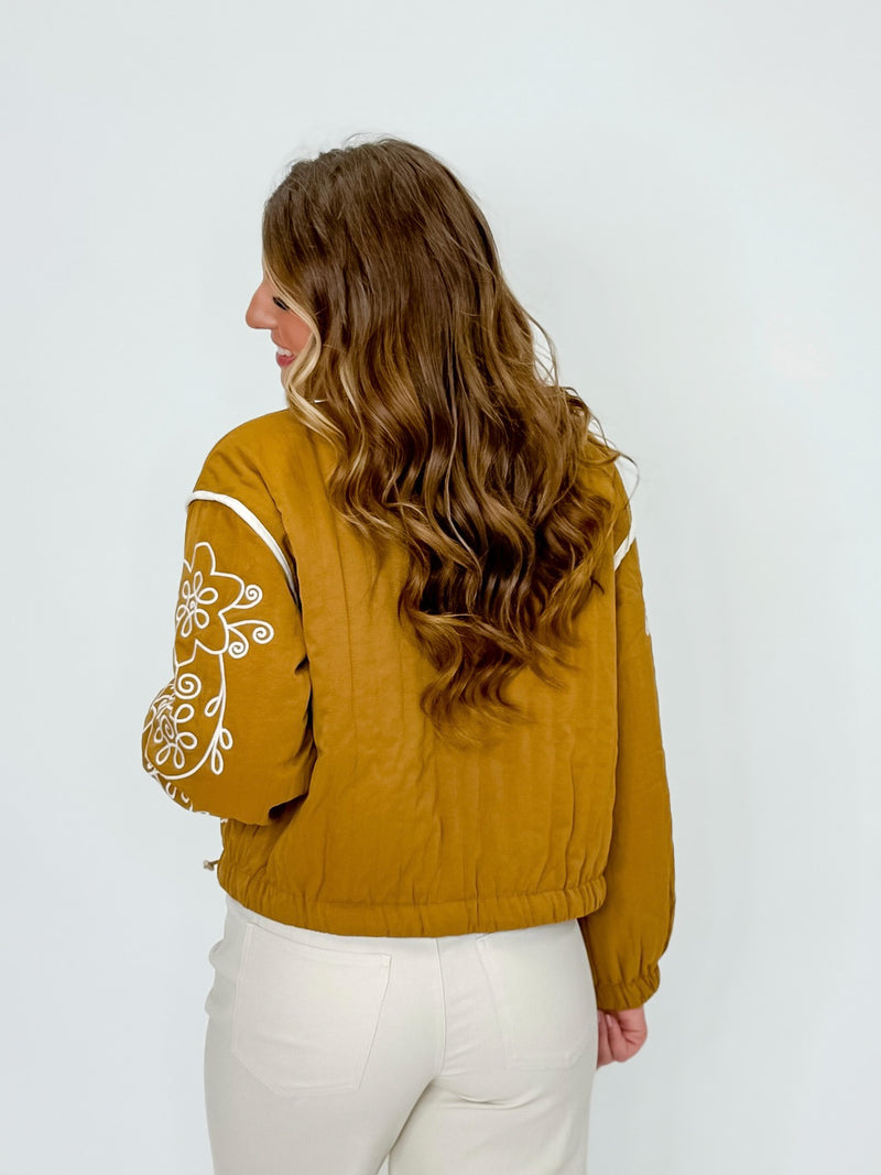 Golden Mustard Embroidered Bomber Jacket